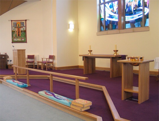 Walton Parish Church, communion table, lectern, font, and communion rail in American white oak