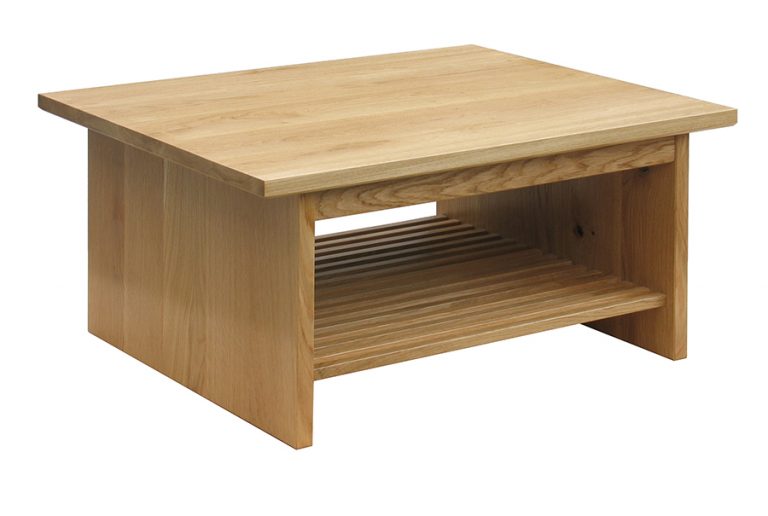 'Slab' sided coffee table with rack in American White Oak