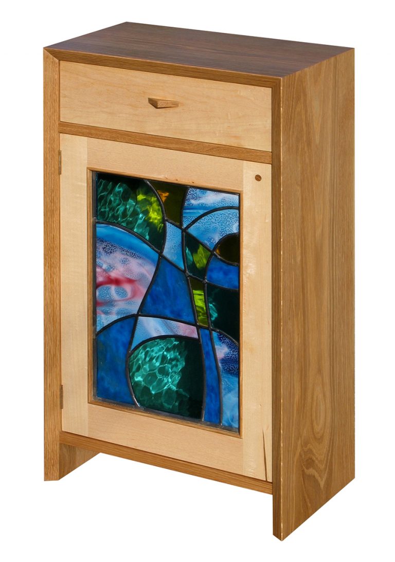 Cupboard with drawer incorporating stained glass panel, in European Oak and Maple