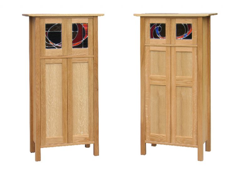 Pair of tall-boy cabinets with stained glass panels in European Oak